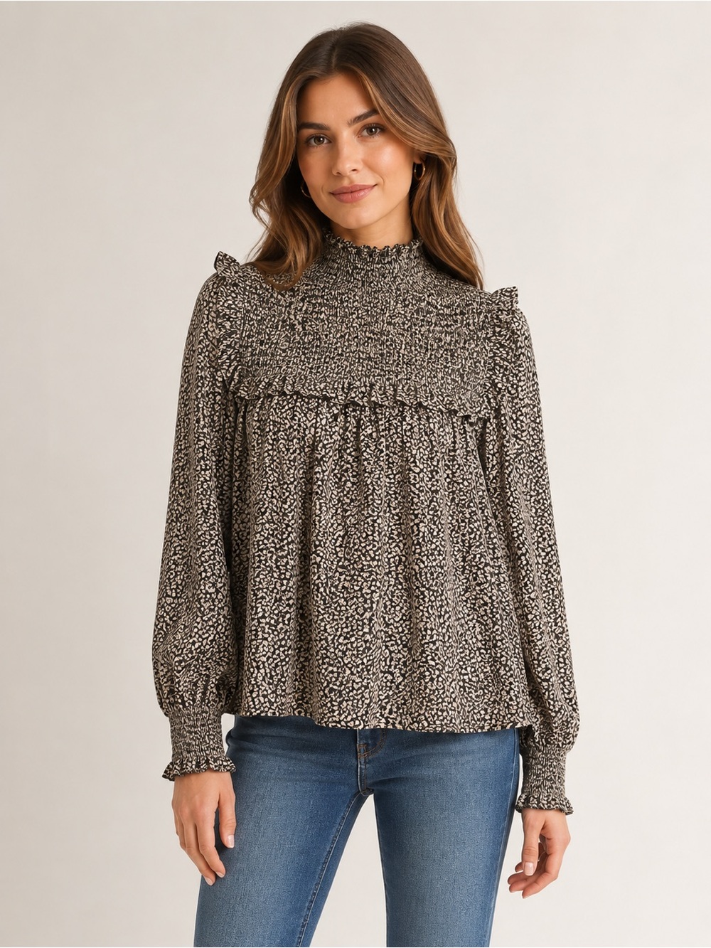 NWT Glamorous Smocked Leopard Print High Neck Blouse Ruffle Sleeve US 6